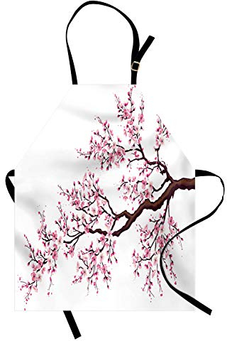 ABAKUHAUS japanisch Kochschürze, Zweig eines blühenden Sakura Baums Kirschblüten Frühlingsthema Digital Muster, Höhenverstellbar Klare Farben ohne verblassen, Braun Rosa