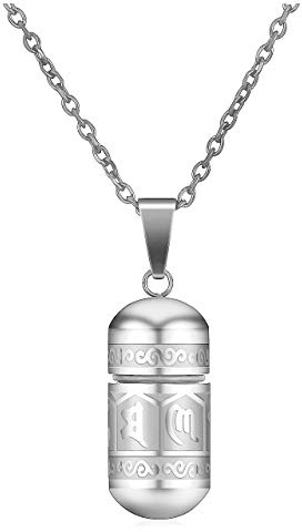 JSDDE Schmuck Edelstahl Buddhistisches Mantra Anhänger mit 24 Zoll Kette Om Mani Padme Hum Gebetsmühle Flasche Kapsel Anhänger Urn Anhänger für Frauen Männer (Silber)