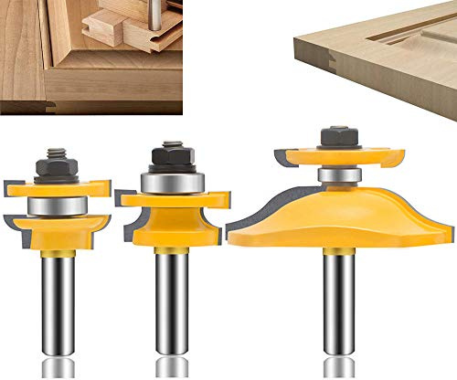 LUBEIN 3 PCS Router Bit Set 1/2-Inch Shank Round Over Raised Panel Cabinet Ogee Door Rail and Stile Router Bits Sets, Woodworking Wood Cutter Woodwork Carbide Groove Tongue(1)