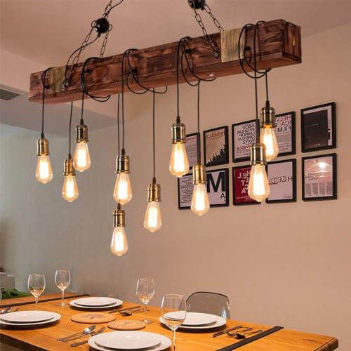 Holz Retro Pendelleuchte, Vintage Pendellampe Höhenverstellbar Deckenleuchte Hängelampe Industrial Hängeleuchte Kronleuchter E27 Lampe Für Esstisch Küche Wohnzimmer Schlafzimmer Bar Cafe