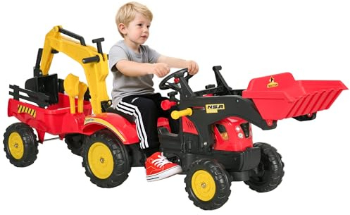 Aosom 3 in1 Kids Ride On Excavator/Bulldozer, Pedal Car Digger Toy Move Forward/Back with 6 Wheels and Detachable Cargo Trailer