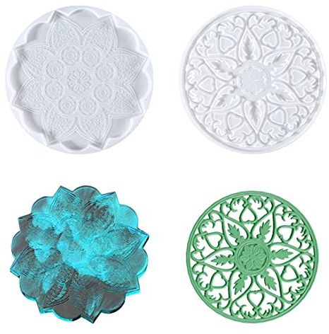 Koonafy 2Pcs Silikonformen Epoxidharz Formen,Mandala Silikonform Untersetzer Gießformen,Große Resin Mold Set,DlY Handwerk für Tablett,Wall Hanging, Achat Coaster