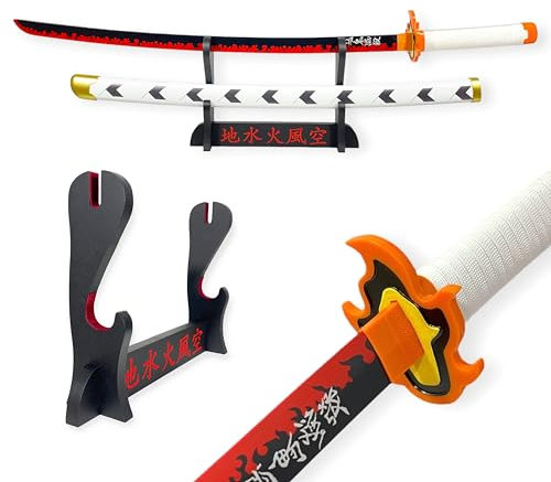 Katana Demon Slayer Kyojuro Rengoku - Epée Lame Bois - Support Japonais Inclus
