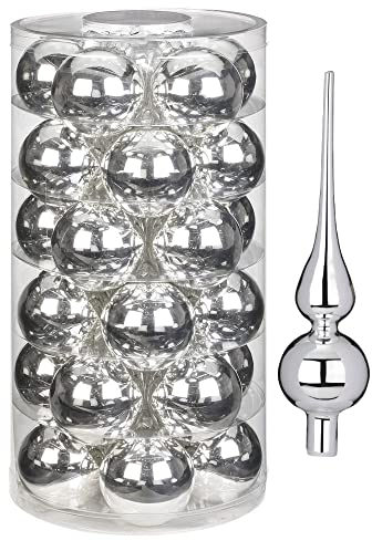 Inge Glas Magic Weihnachtskugeln | 30 Kugeln & Spitze | Christbaumkugeln Baumspitze (Shiny Silver Spitze Silber)