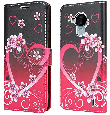 iPEAK Coque Étui en cuir pour Nokia C30 (6,82'') avec rabat magnétique, support de visionnage, protection complète pour téléphone Nokia C30 (cœur rose)