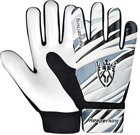Keeperking Torwarthandschuhe Kinder, Jungen und Mädchen, Junior Fußballhandschuhe Fußball Spielerhandschuhe für Jungen tormannhandschuhe (6,Schwarz-Grau-Weiß)