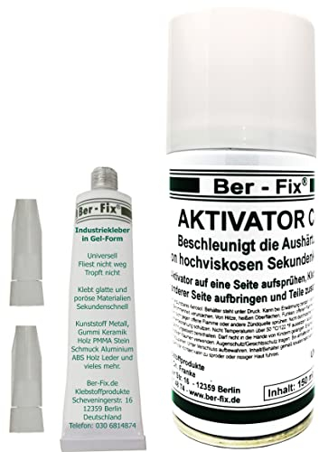 Ber-Fix Industriekleber Gel transparent 20g Sekundenkleber Gel Extra Stark nicht tropfend universal wasserfest SET | 150 ml Aktivator ohne andrücken und warten PVC ABS GFK Metall Stein