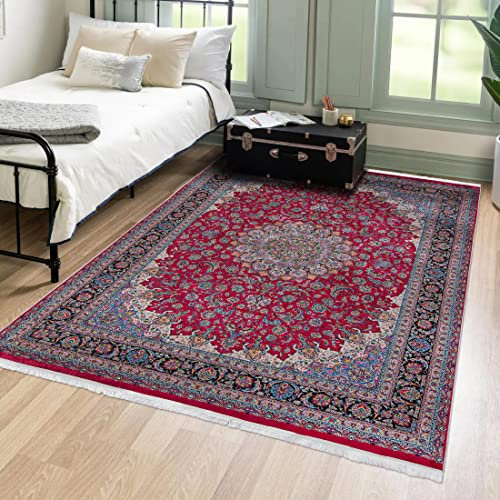 Mazovia Orientalisch Vintage Teppich - Kurzflor Waschbar - Weich Traditioneller Teppich für Wohnzimmer, Schlafzimmer, Esszimmer – Oriental Teppiche - Rot 140 x 200 cm