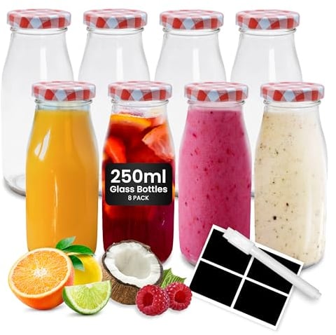volila Glass Milk Bottles with Lids - 4 Pack x 250ml Glass Bottles with Lids, Labels, and Pen - Reusable Milk Bottle for Juices, Dressings, Sauces, Beverages, Decoration and Storage (White Lid)