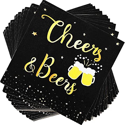 40 Stück Cheers & Beers Servietten Cheers Beer Party Supplies Einweg-Cocktail-Servietten Schwarz und Gold Folie Papierservietten für 30., 40., 50., 60., 70., 80., Hochzeitstag, Dekoration