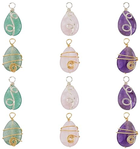 SUPERFINDINGS 12Pcs Teardrop Gemstone Pendants Copper Wire Wrapped Stone Charm Colorful Quartz Pendant for DIY Jewelry Making Necklaces Crafts Findings, Hole:3.4~3.6mm