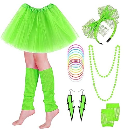 PINEPAN 80er 90er Outfit Accessoires Damen Rock Halskette Armband Ohrring Fingerlose Handschuhe Stirnband 80er Jahre Outfit Damen Party Grippe-Grün