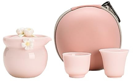 JTBDWOSK Juego De Té De Viaje De Cerámica Hecho A Mano para Uno, Conjunto De Tetera Portátil con Bolsa/Caso, Conjunto De Tetera con Tazas De Té, Accesorios De Té para Los Amantes del Té,Rosado