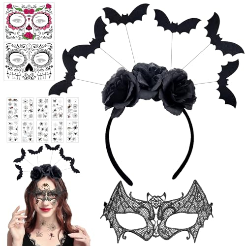 Halloween Haarreif Set, Fledermaus Haarreif, Vampir Haarreifen mit Augenmaske Fledermaus+Fledermaus Tattoos, Fledermaus Tattoo Aufkleber, Halloween Stirnband Accessoires für Damen Kinder