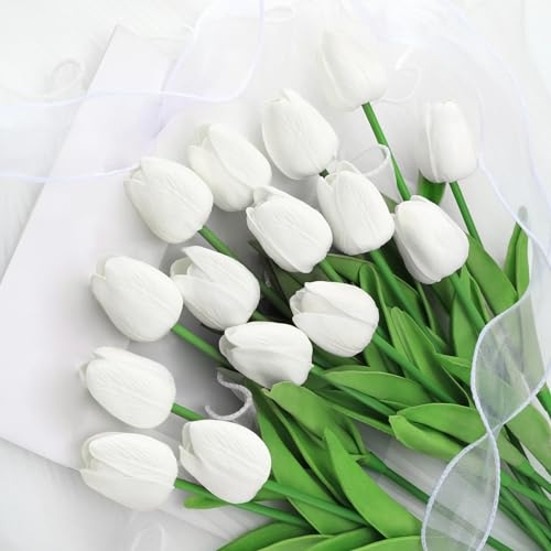 Kisflower 12Pcs Latex künstliche Tulpen - Fake Tulpen künstliche Blumen Faux Tulpen Real Touch Blume für Haus Büro Hochzeit Dekoration (Weiß)