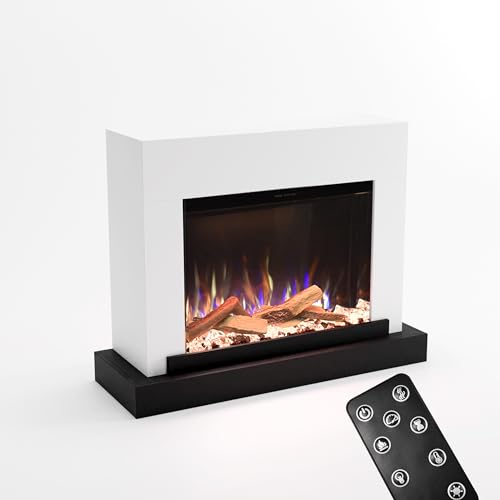 GLOW FIRE Kaminofen PR4 mit realistischem 3D E-Motion LED-Feuer - Stand-Elektrokamin mit Heizung, Kaminfeuer & Timer, max. 1500 W, 126x97x43 cm, Weiß