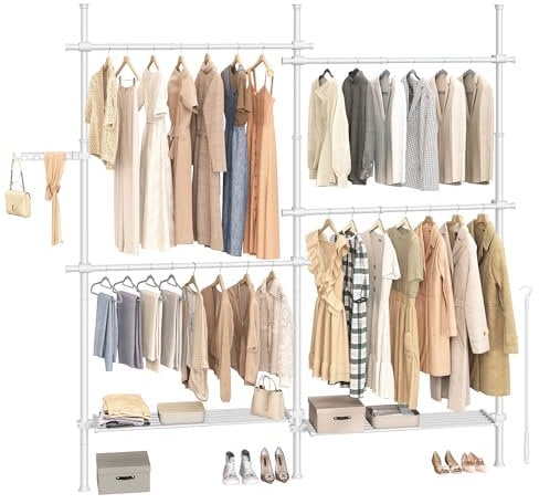 SONGMICS Teleskopstange Kleiderständer, 3-stufige Garderobe, höhen- und breitenverstellbar, offener Kleiderschrank mit 4 Kleiderstangen und 2 abnehmbaren Ablagen, Greifarm, mattweiß HSR154W01