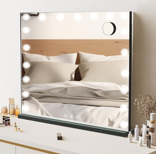 LIANWANG Schminkspiegel mit Beleuchtung, 100x80cm Spiegel mit Beleuchtung Groß mit 19 Dimmbar LED Hollywood Licht für Makeup, Spiegel mit Touch-Sensor/USB-Aufladung für Tochter/Ehefrau/Freundin