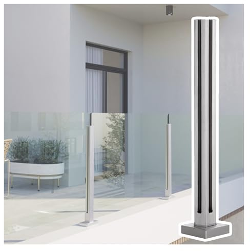 Glasgeländer Pfosten Geländer 1 Stück silberner Glasgeländerpfosten für 10–12 mm Glas, 60 70 80 90 100 110 120 130 140 cm hoch, Treppenhandlauf-Baluster aus Edelstahl 304 mit Gummis, Mittel-/Eck-/Endp