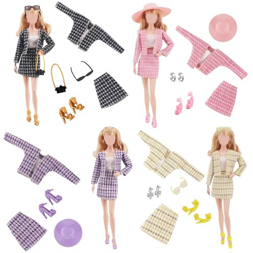 4 Set Puppen Kleidung und Zubehör Set, 11,5 Zoll Puppen Dress Up Outfits mit Plaid Chic Anzug Top Coat Kleid Mode Hut High Heels Brille Kamera Requisiten für Mädchen Weihnachten Geburtstagsgeschenke