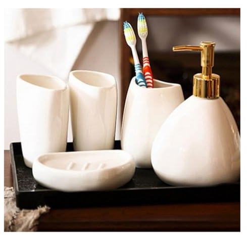 GTOULHH Badaccessoires, 5-teiliges Badezimmer-Accessoire-Set Aus Keramik, Bad-Ensemble Inklusive Zahnbürstenhalter, Becher Seifenspender Badezimmer Set(Gold)