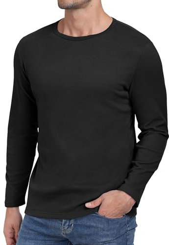 Hisir Mens Long Sleeve Tops UK Thermal Basic Crew Neck T-Shirt Tee Tops (Black, M)