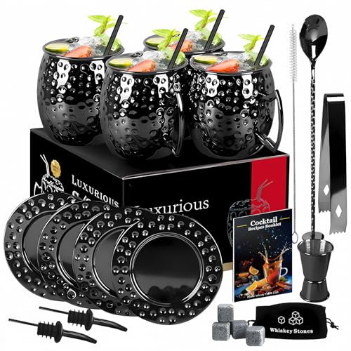 Moscow Mule Black002 Lot de 4 gobelets à cocktail avec tasses à cocktail en acier inoxydable de 500 ml, dessous de verre, pailles, cuillères, brosse de nettoyage, verres doseurs, verres à cocktail