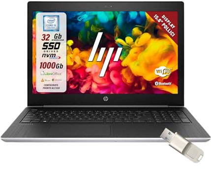 HP Probook, Pc Portatile intel i5-7200u 2.5Ghz 2 Core, Display HD da 15.6, Ram 32Gb, SSD 1000 Gb, Win 10, Notebook Pronto all'uso con Libre Office, Omaggio Chiavetta USB Finger Print (Ricondizionato)