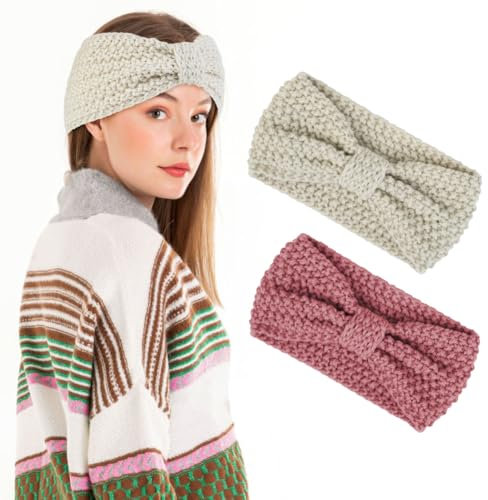 LOPHE 2 Pcs Winter Ear Warmers, Knitted Headbands With Thermal Twist Bow, Comfy Soft Winter Head Wrap for Women Girl Sports Skiing Running (Pink & White)