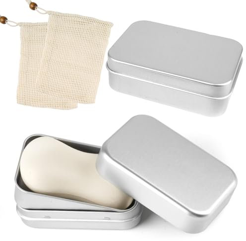 2 Stück Seifendose Reise Wasserdicht Seifenbox Festes Shampoo Aufbewahrung Seifenschale Metall Aluminium mit Soap Bar Bag, Abtropfgitter seifendose mit Deckel - Rechteck