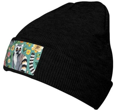 Beanie Mütze Tiere Lemur Blumen Muster Beanie Strickmütze für Damen Herren Warme Wintermütze Strickmütze, Schwarz, Einheitsgröße
