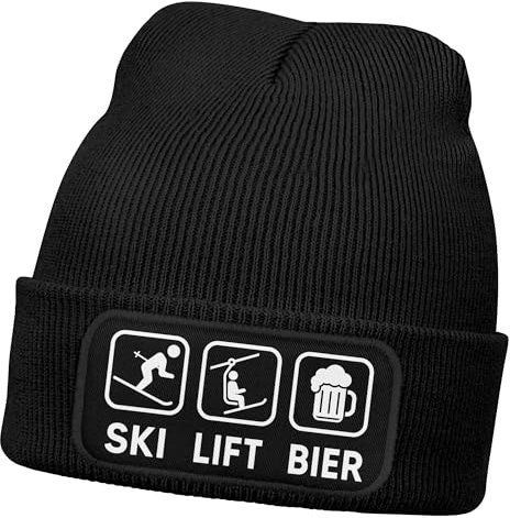 MoonWorks® Herren Beanie mit Patch Strickmütze mit Spruch Ski Lift Bier Icon Aufdruck Lustig Mütze Männer Schwarz Unisize