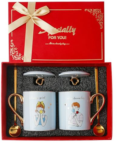 Taza personalizada para parejas, taza de café casera con tapa, cuchara y plato, placa de corazón de taza azul, caja y bolsa