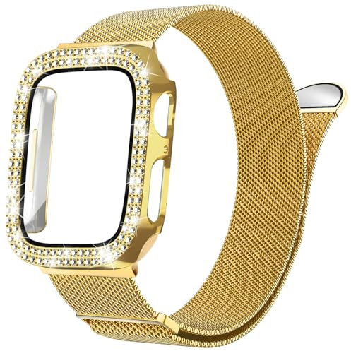 NewJourney Milanese Armband Kompatibel mit Apple Watch 40mm 41mm 42mm 44mm 45mm 46mm mit Hülle Frauen，Ersatz Metall Armband mit Bling PC Schutzhülle für iWatch SE Series 10/9/8/7/6/5/4(Gold, 44mm)