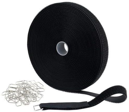 Klettband 10m x 2,5cm Klett Kabelbinder mit 50 Metall Schnalle Freie Schnittlänge Schwarz Klettband Kabelbinder Wiederverschließbar Kabelbinder Klettverschluss für Kabel Schläuche Yogamatten