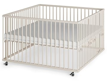 Sämann Laufstall Baby mit Matratze, Schlupfsprossen & Lattenrost | stufenlos höhenverstellbar | Laufgitter Premium | Babybett aus Holz | Krabbelgitter (sahara dust, 120x120 cm)