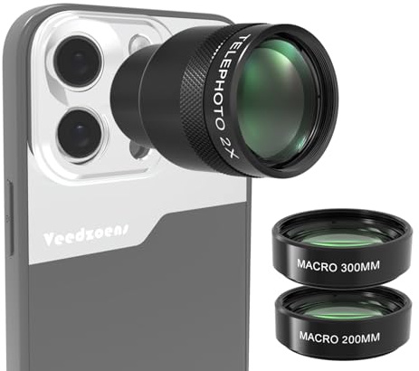 Veedzoens Teleobjektiv für Phone 5X Teleobjektiv, mit 200 mm und 300 mm Makroobjektiv, 17 mm Gewinde, Universal-Handy-Objektivclip, kompatibel mit SmallRig und NEEWER Phone Cage (Add-ons 200 mm und