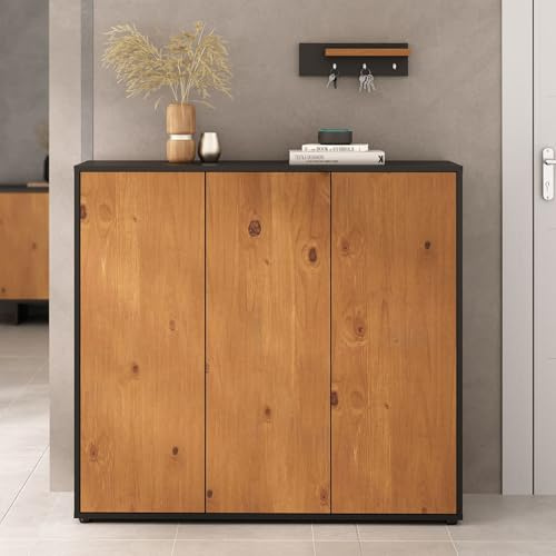 Schuhschrank MIRAN mit 3 Türen, Schwarz/Eiche Finish - Platzsparender Schuhorganizer, Schuhregal Schmal, Schuhaufbewahrung aus Holz, Ideal für Flur und Ankleideraum, Stauraum für ca. 25 Paar Schuhe
