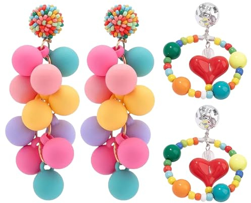 2 Paar Ohrringe Bunt, Karneval Kostüm Damen, Regenbogen-Ohrringe mit Acryl-Kugel und Herz, Baumelnde Ohrringe für Damen und Mädchen, Baumelnde Ohrringe, Niedlicher Schmuck, Geschenke, Faschingskostüme