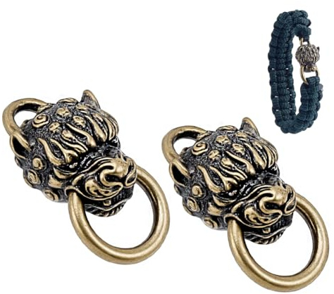 nbeads 2 Pcs Perle en Laiton pour Paracorde, Fermoirs à Manille en Laiton à Tête de Lion Boucles de Bracelet Perles D'Espacement pour Corde Tressée EDC Paracorde, 3.8x1.8cm