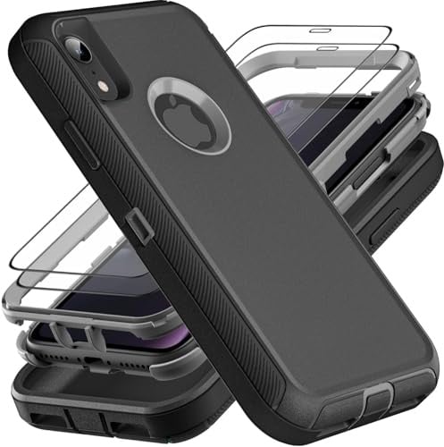 YmhxcY for iPhone XR Case, Military Grade 3 in 1 Heavy Duty Shockproof/Drop Proof/Dust Proof Case with 2Pcs Tempered Glass Screen Protector (Black/Grey)