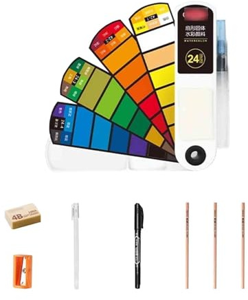 HAJHI Ensemble De Peinture Aquarelle Solide 18/24/36/42 Couleur Kit Aquarelle Miniature Comprend Palette Pinceau éponge Portable Pour Débutants(24-colour B)
