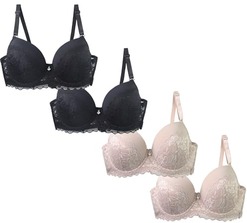 Nidddiv Lot de 4 soutiens-gorge pour femme avec armatures, soutien-gorge push-up pour femme - Maintien solide - Sans armatures - Soutien-gorge push-up confortable en dentelle douce - Couleur unie