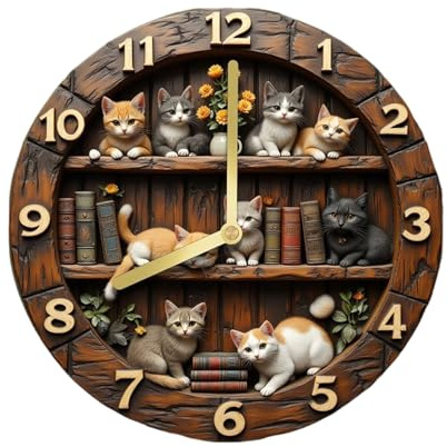 gifyym Orologio da parete - con disegno gatto e fiori in rilievo 3D senza Tic- numeri romani facili da leggere | Orologi animali adorabili per decorazione casa soggiorno camera da fattoria bar
