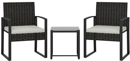 Outsunny Conjunto de Jardín Exterior de 3 Piezas Mesa 2 Sillas Crema | Muebles Jardín Exterior de Ratán, Cojines Lavables, Mesa de Vidrio Templado, Resistente a Intemperie, para Balcón, Patio
