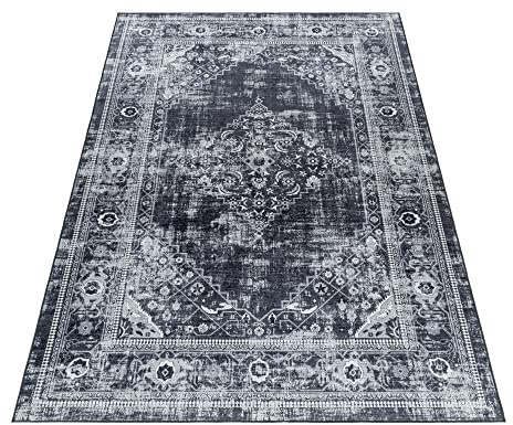 KADIMA DESIGN Kurzflorteppich Orient-Design Klassisch Pflegeleicht Modern Waschbar Strapazierfähig Langlebig Läufer Schwarz 80x250 cm Wohnzimmer Esszimmer Fußbodenheizung geeignet | PIZOL