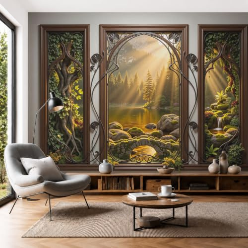 Carta da parati fotograficaLaghi Della Foresta 450x315cm Fotomurali in Seta Vista Una Finestra In Ferro Battuto Retrò Decorazione da Muro Effetto 3D XXL Per soggiorno, Camera dei bambini, Marrone