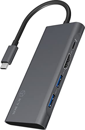 ICY BOX USB-C Docking Station (4-in-1) mit HDMI (4k 60Hz), 3-fach USB 3.0 HUB, 60W Power Delivery, Aluminium, Grau für Laptop, MacBook, iPad Pro oder Android Tablet/Smartphone