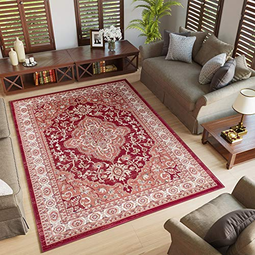 TAPISO Colorado Teppich Kurzflor Rot Creme Beige Medallion 180 x 250 cm | strapzierfähiger Teppich Wohnzimmer Klassisch Orientalisch Ornament Muster Orientteppich OEKO-TEX