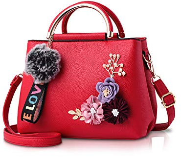 NICOLE & DORIS Damen Leder Handtasche Umhängetaschen mit Blume Jahrgang Griff Tasche Designer Tote Geldbörse mit Pom Pom rot